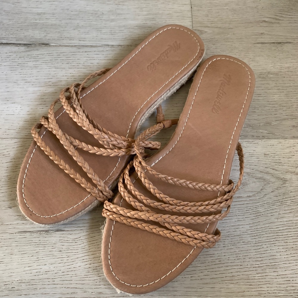 Madewell Braided Leather Espadrille Slide Sandals Tan English Saddle Womens